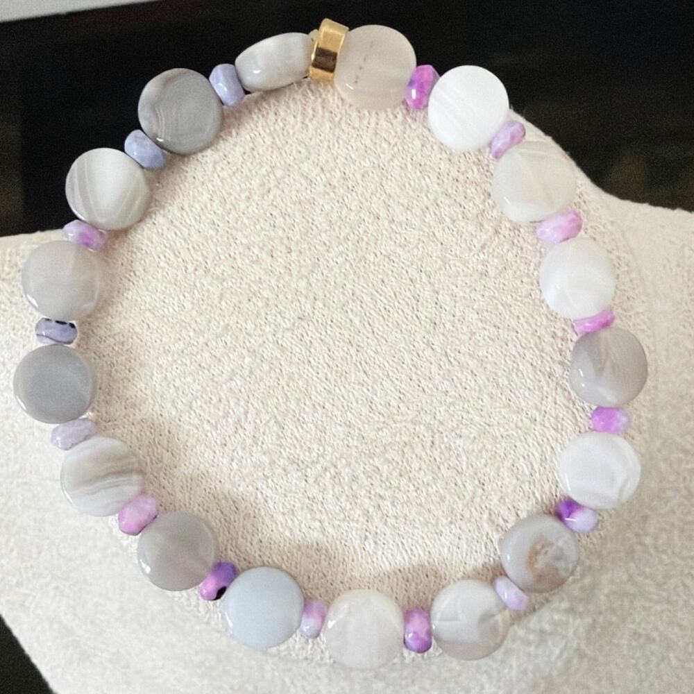 Second Bloom Studio Artisan Striped Agate Stretch Bracelet 7" Gray Pink Fluorite